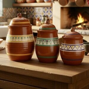 Clay Studio Pottery Canister Set Of 3 Hand Painted Signed Southwest Mexican